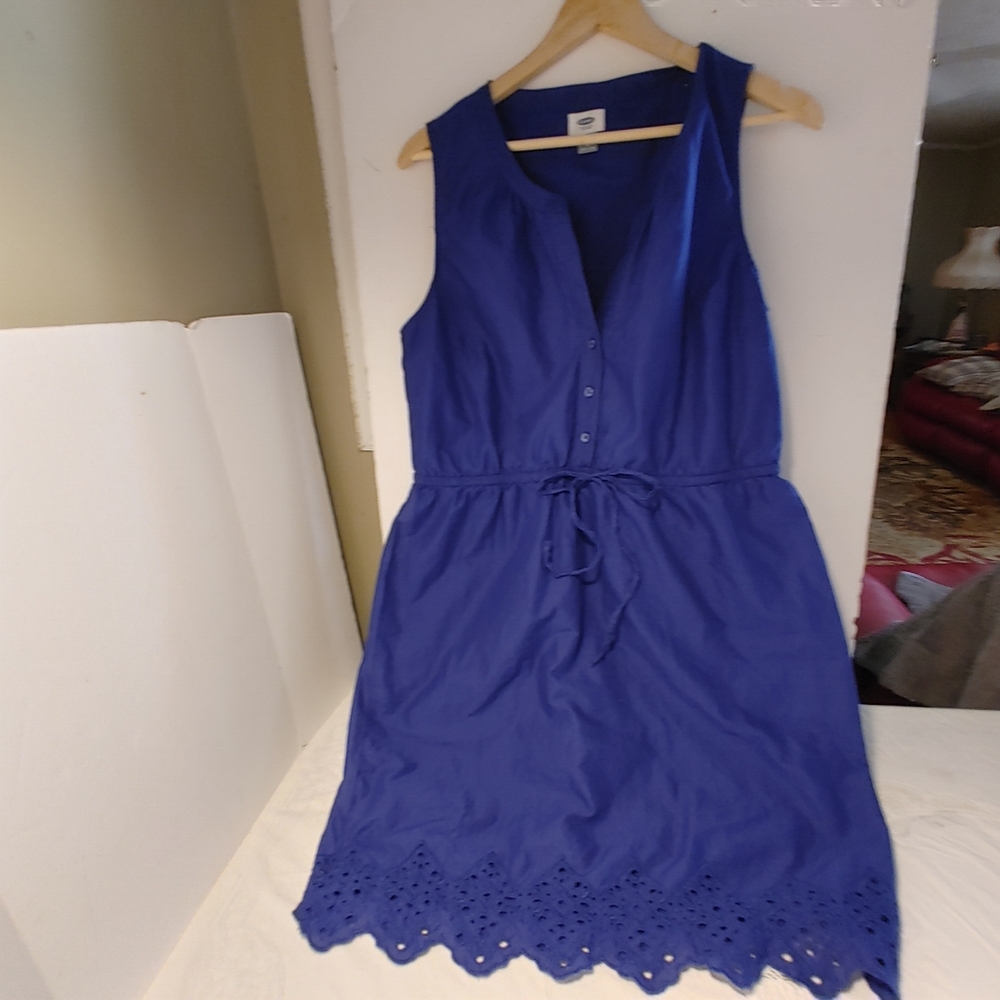 Sleevless Navy Dress Elastic Drawstring Waist Size L Embellished Bottom